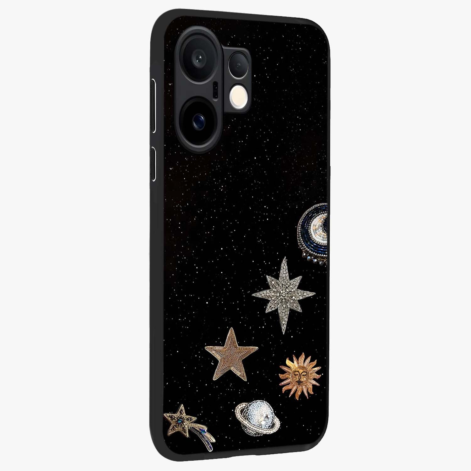 Galactic Charm Glow Glass Case upright view showcasing glowing cosmic charm artwork with magical celestial style.