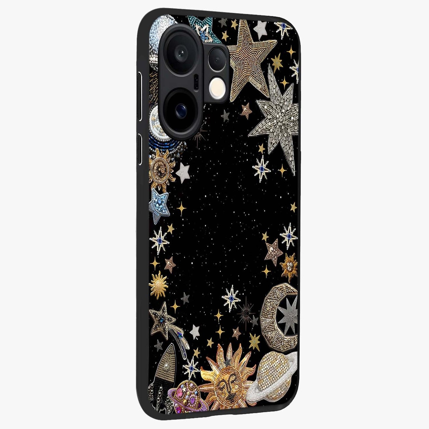 Galactic Jewel Stars Glass Case upright view showcasing glittering star jewel artwork with vibrant galaxy theme.