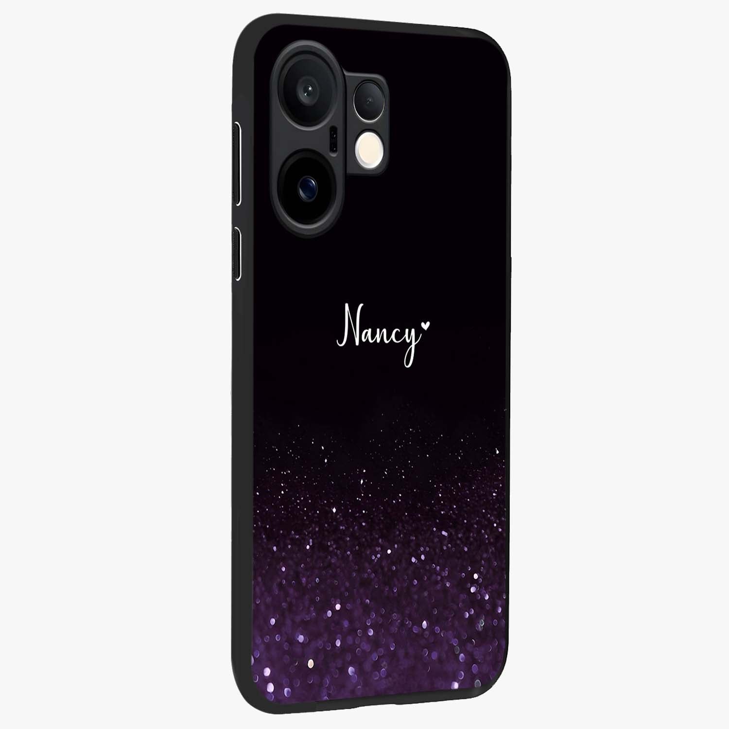 Glittery Purple Bokeh Custom Name Glass Case upright view showcasing vibrant purple sparkle artwork with personalized aesthetic style.