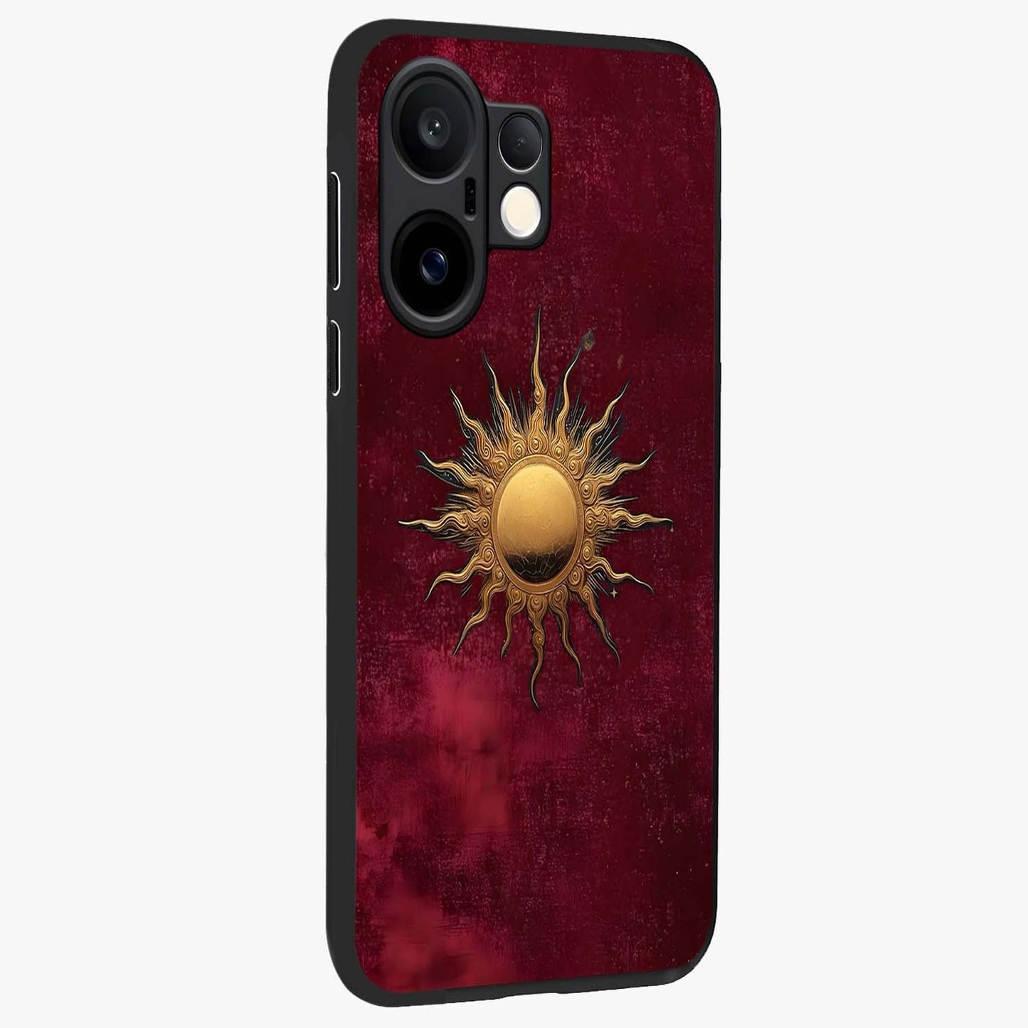 Golden Sun Minimalism Glass Case upright view showcasing simple golden sun artwork with elegant minimalist style.
