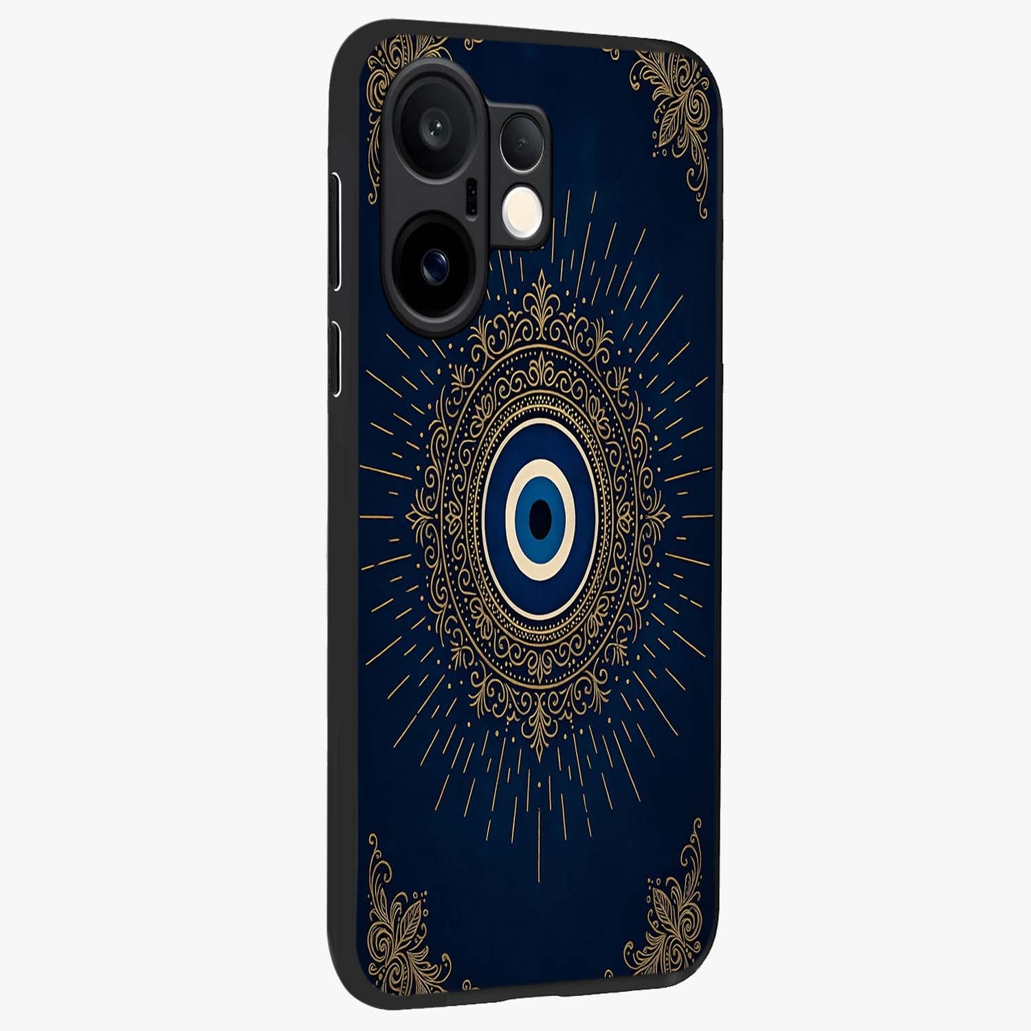 Golden Celestial Charm Glass Case upright view showcasing radiant celestial artwork with elegant golden theme.