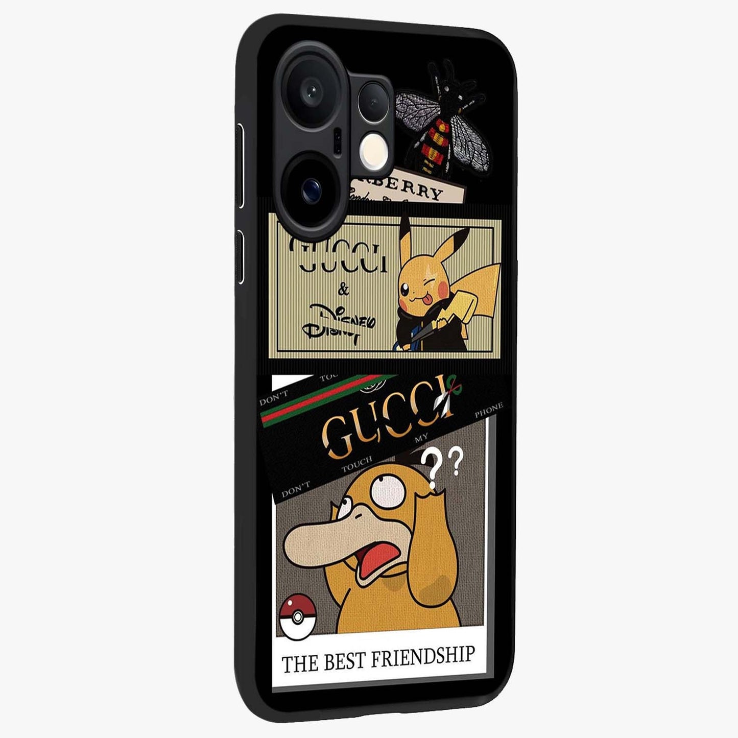 Gucci Play Mashup Glass Case upright view showcasing trendy luxury inspired artwork with modern fashion theme.
