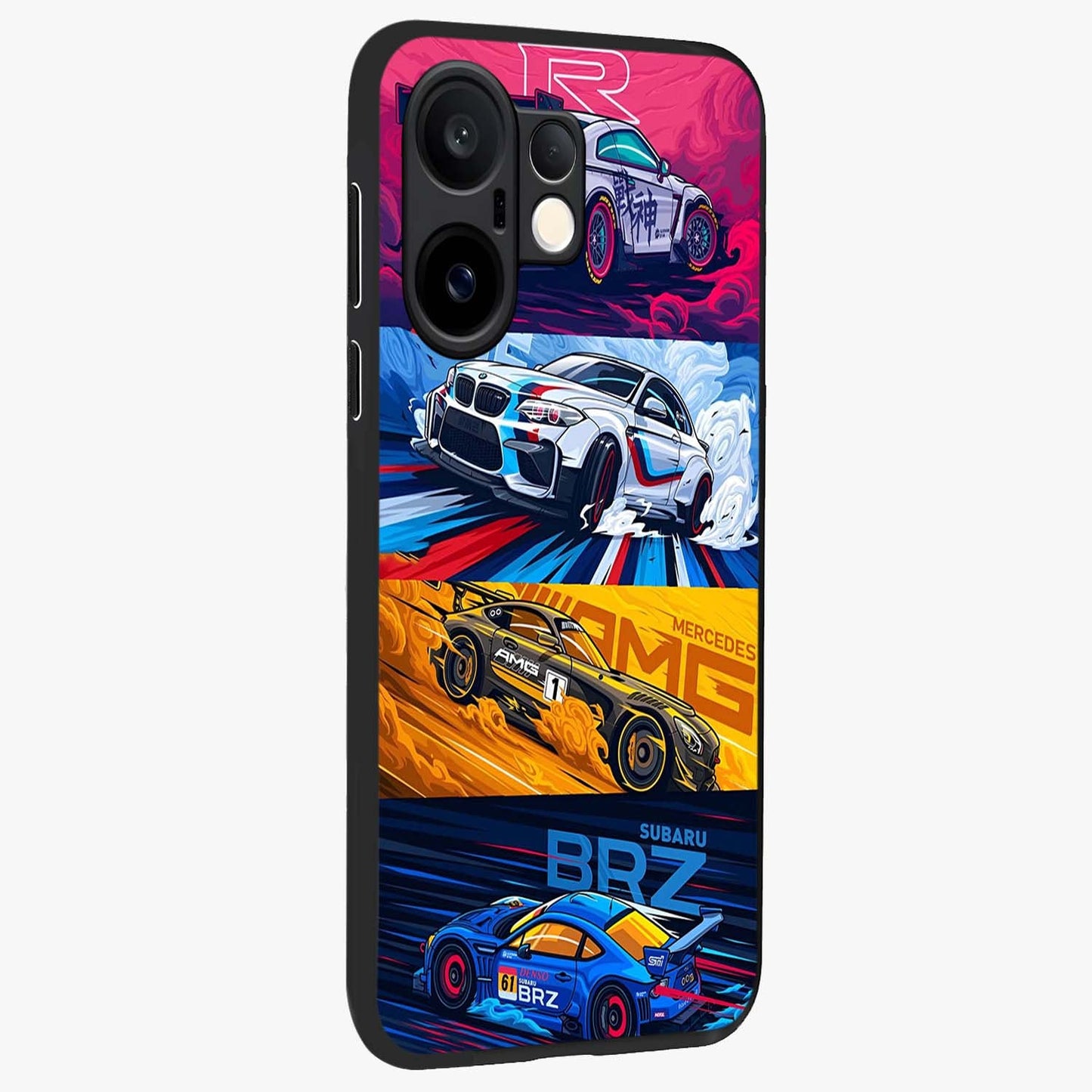 JDM Sports Car Glass Case upright view showcasing dynamic sports car artwork with bold racing theme.