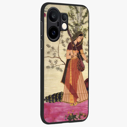 Lady With Veena Art Glass Case upright view showcasing classical veena artwork with traditional artistic theme.