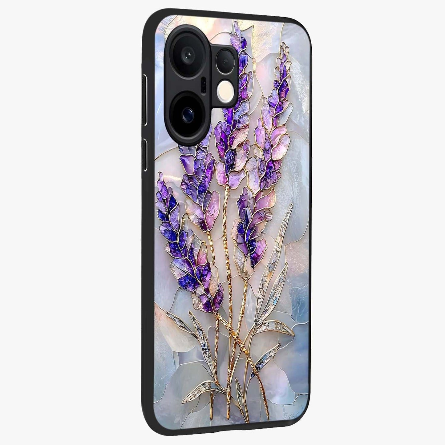 Lavender Dream Glow Glass Case upright view showcasing radiant lavender glow artwork with calming dreamy theme.