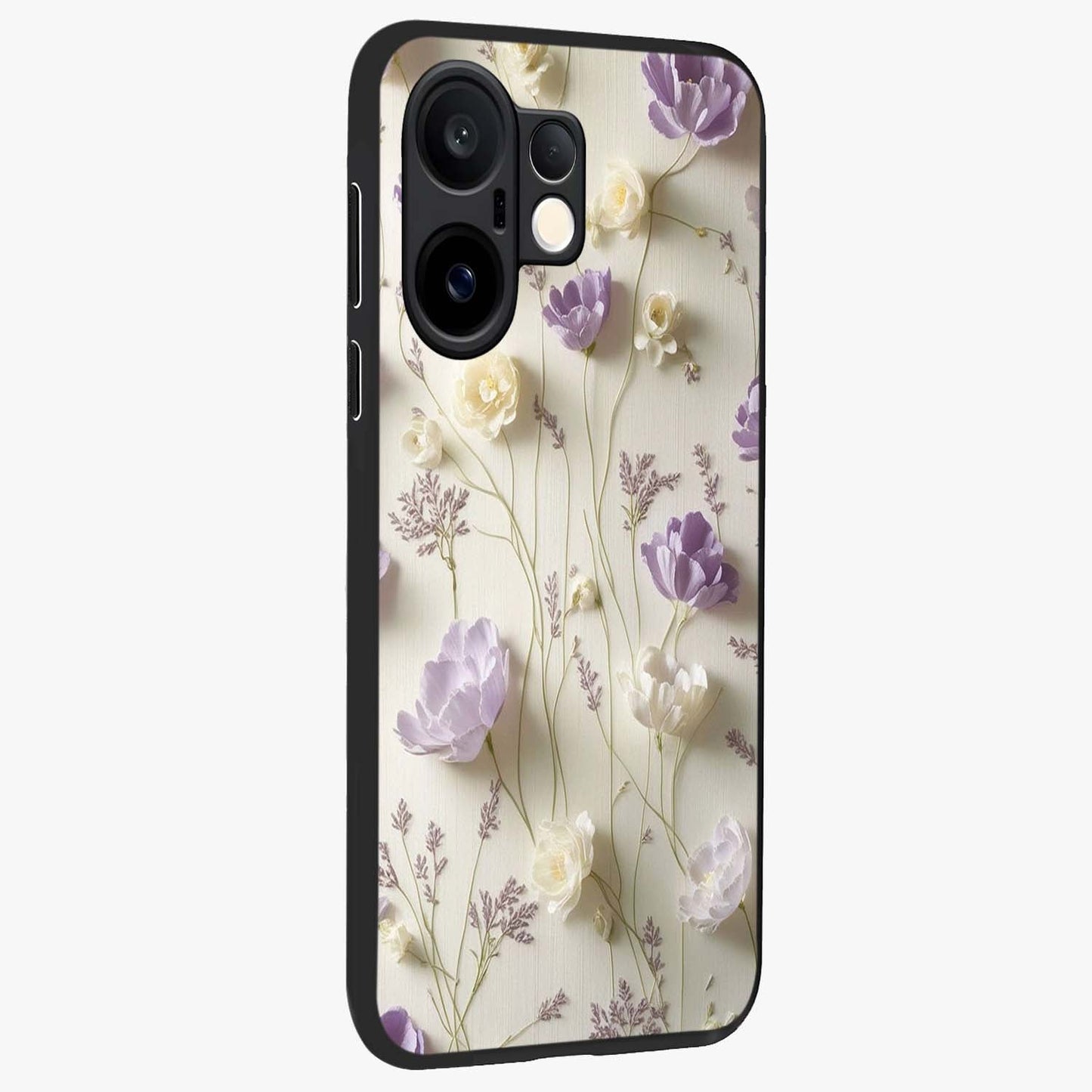 Lilac Breeze Harmony Glass Case upright view showcasing delicate lilac artwork with peaceful floral theme.