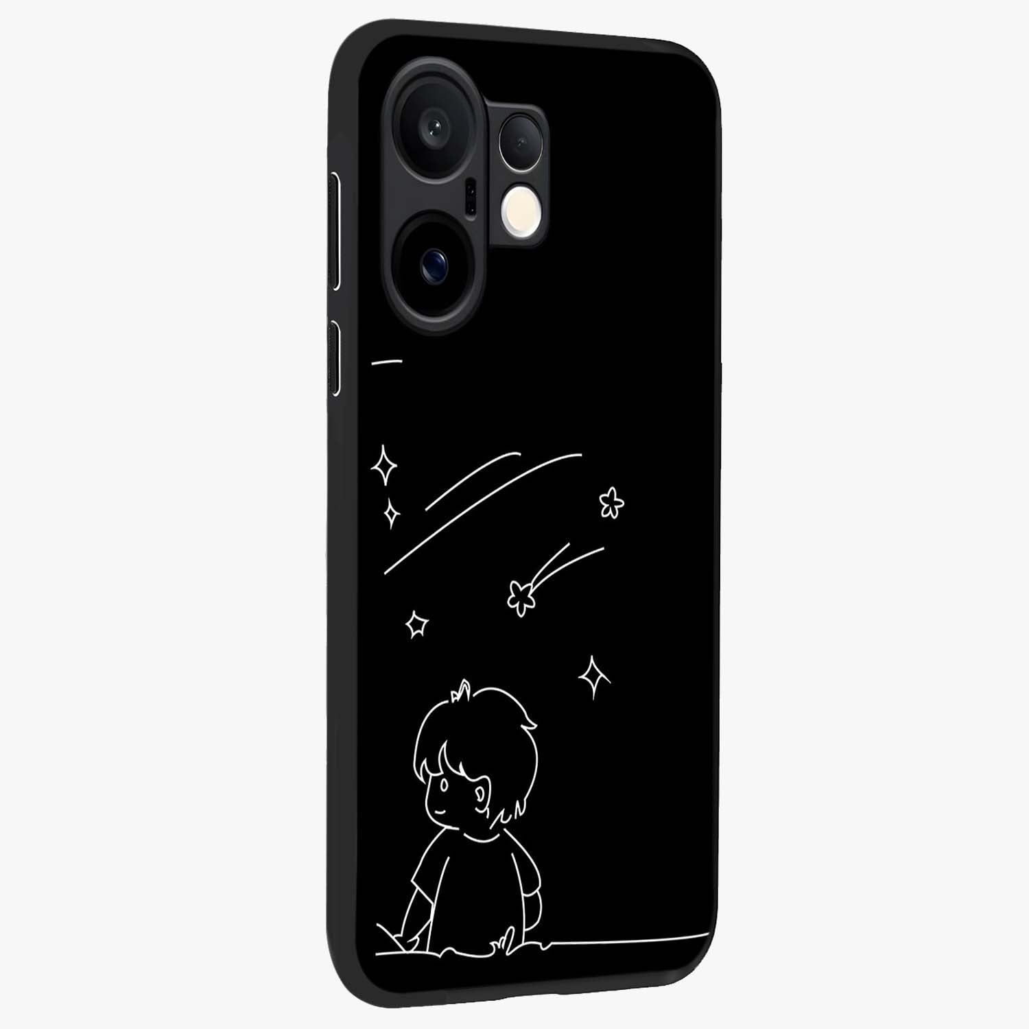 Line Art Boy With Shooting Stars Glass Case upright view showcasing artistic shooting star illustration with minimal style.