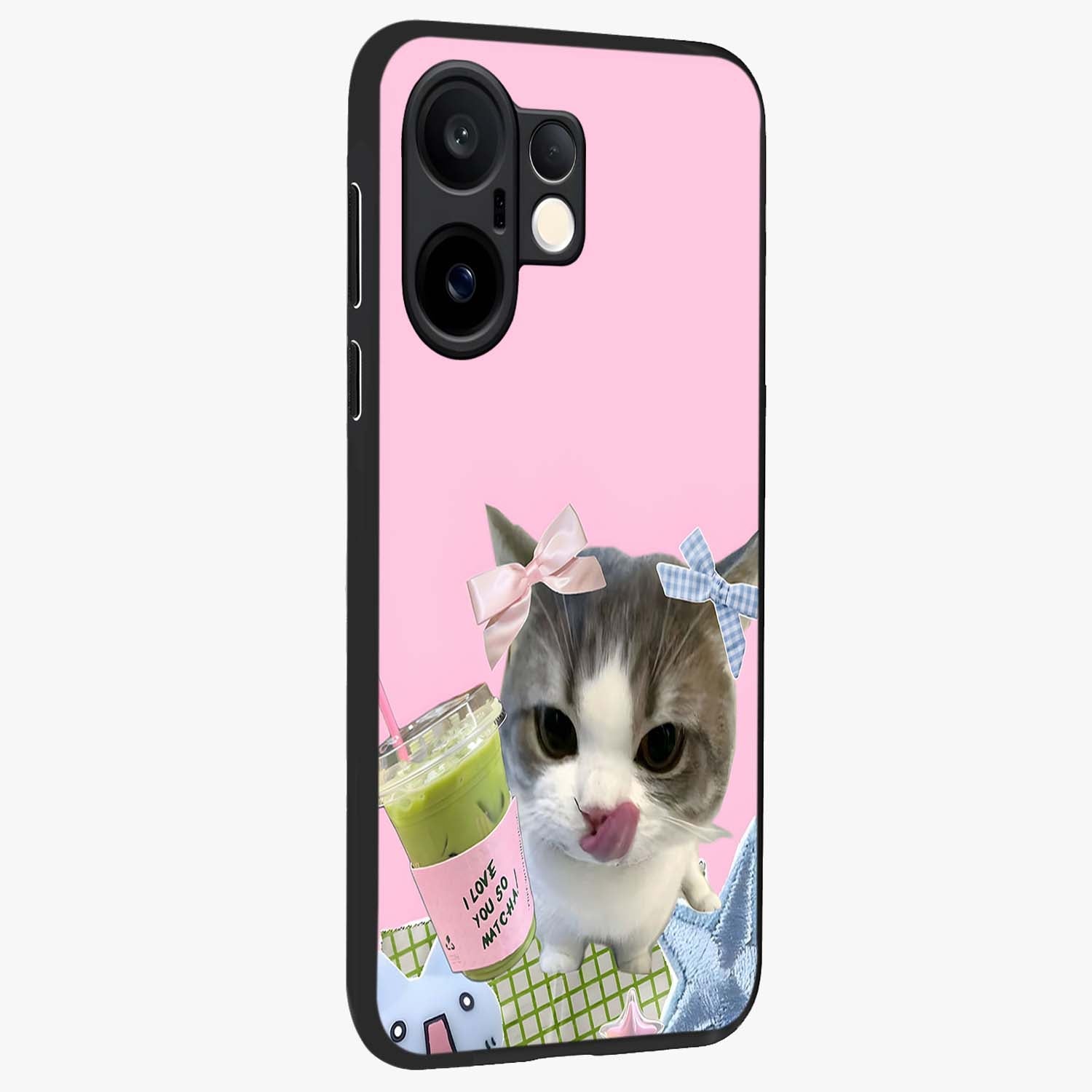 Love Matcha Cat Glass Case upright view showcasing adorable cat artwork with charming matcha themed design.