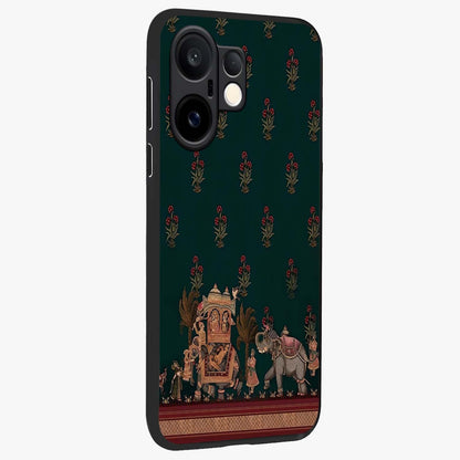 Macmerise Glass Case upright view showcasing bold artistic artwork with contemporary design theme.