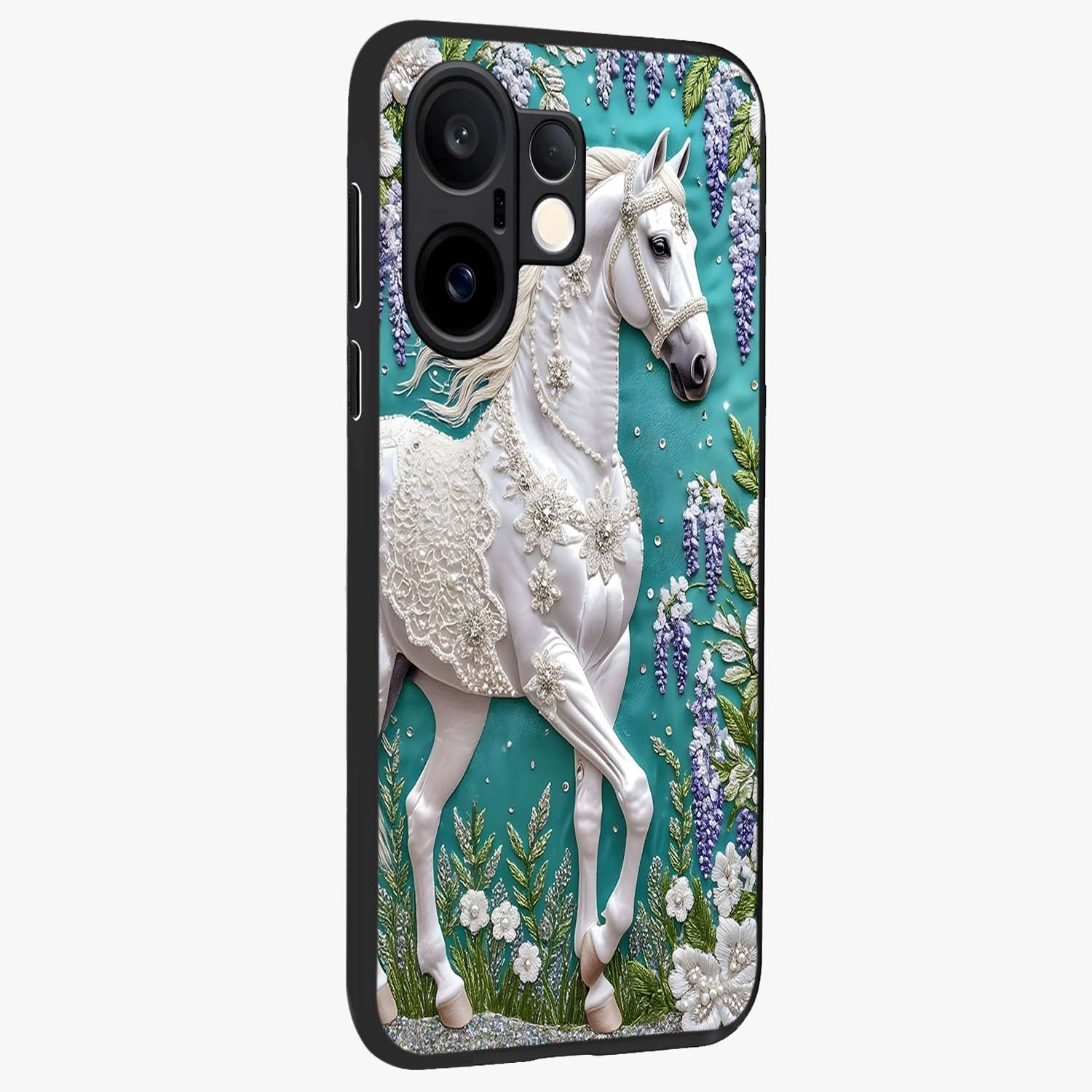 Majestic Floral Stallion Glass Case upright view showcasing dramatic horse artwork with decorative floral theme.