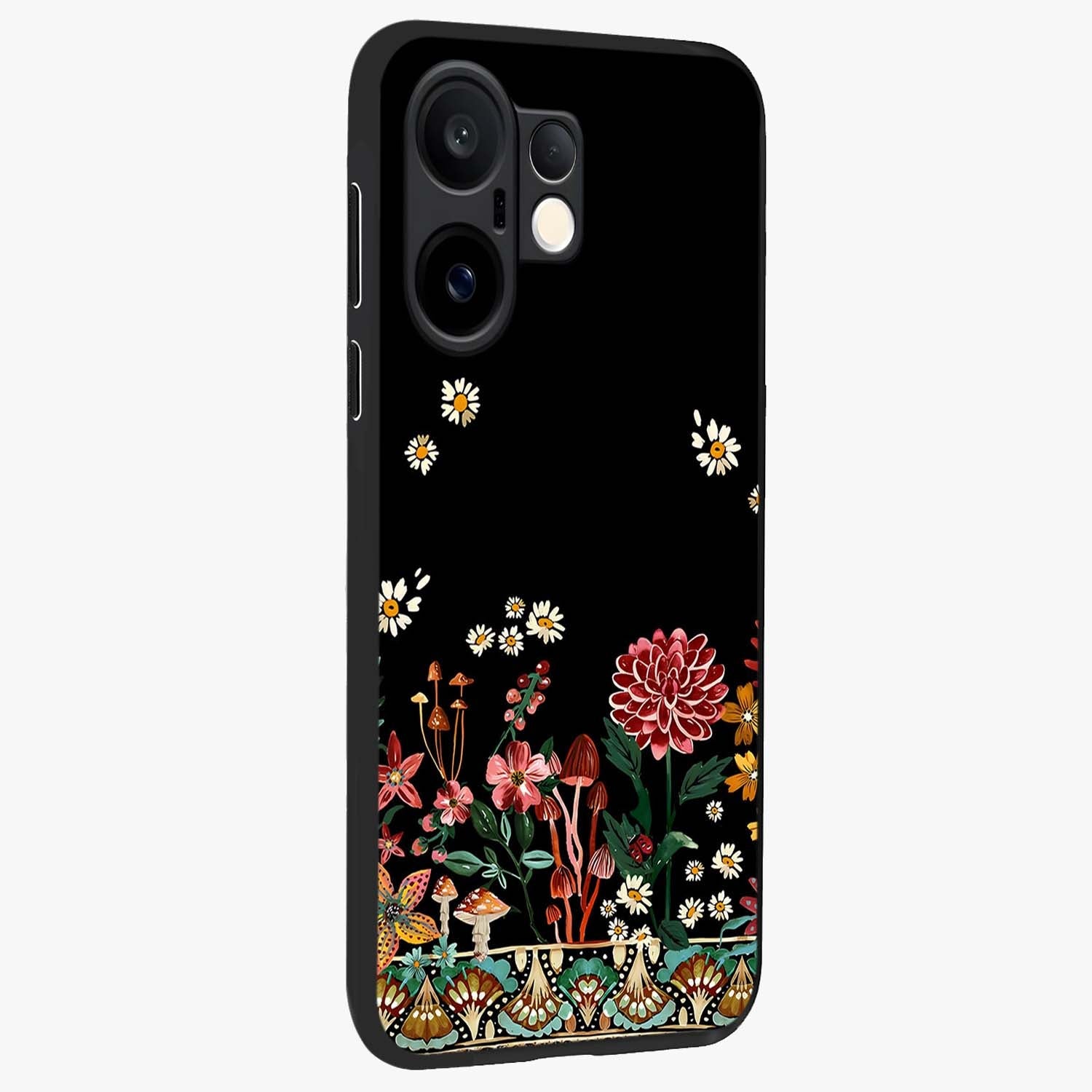 Midnight Bloom Pattern Glass Case upright view showcasing decorative floral artwork with deep night themed palette.