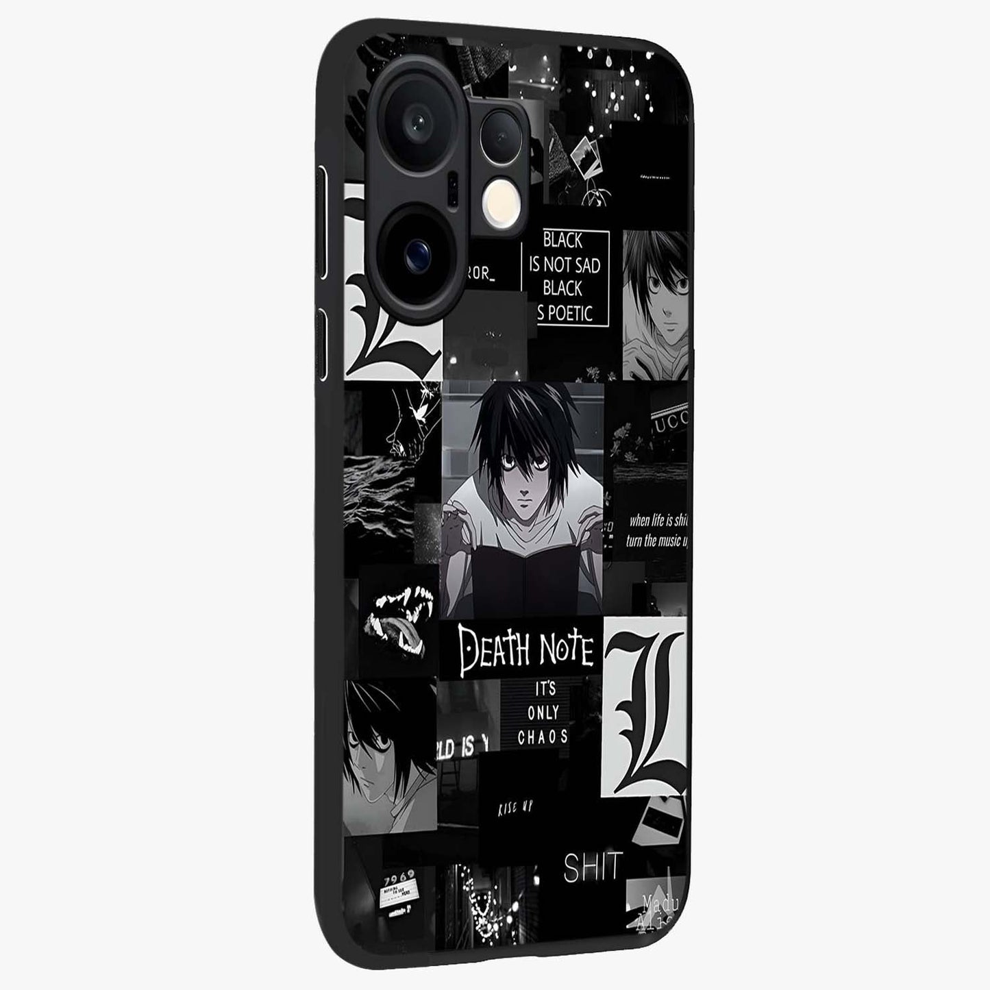 Midnight Chaos Mind Glass Case upright view showcasing expressive abstract artwork with bold dark theme.