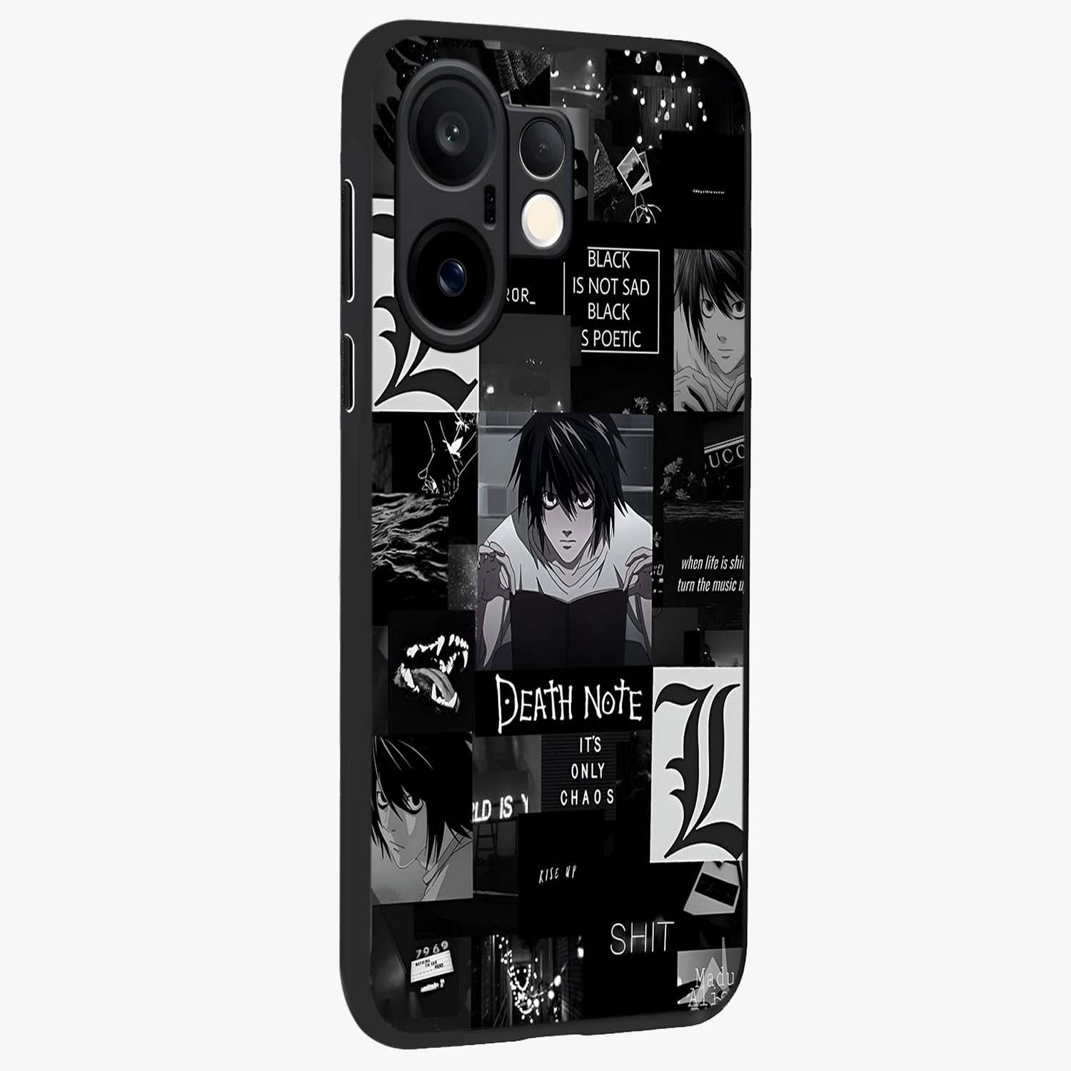 Midnight Chaos Mind Glass Case upright view showcasing expressive abstract artwork with bold dark theme.