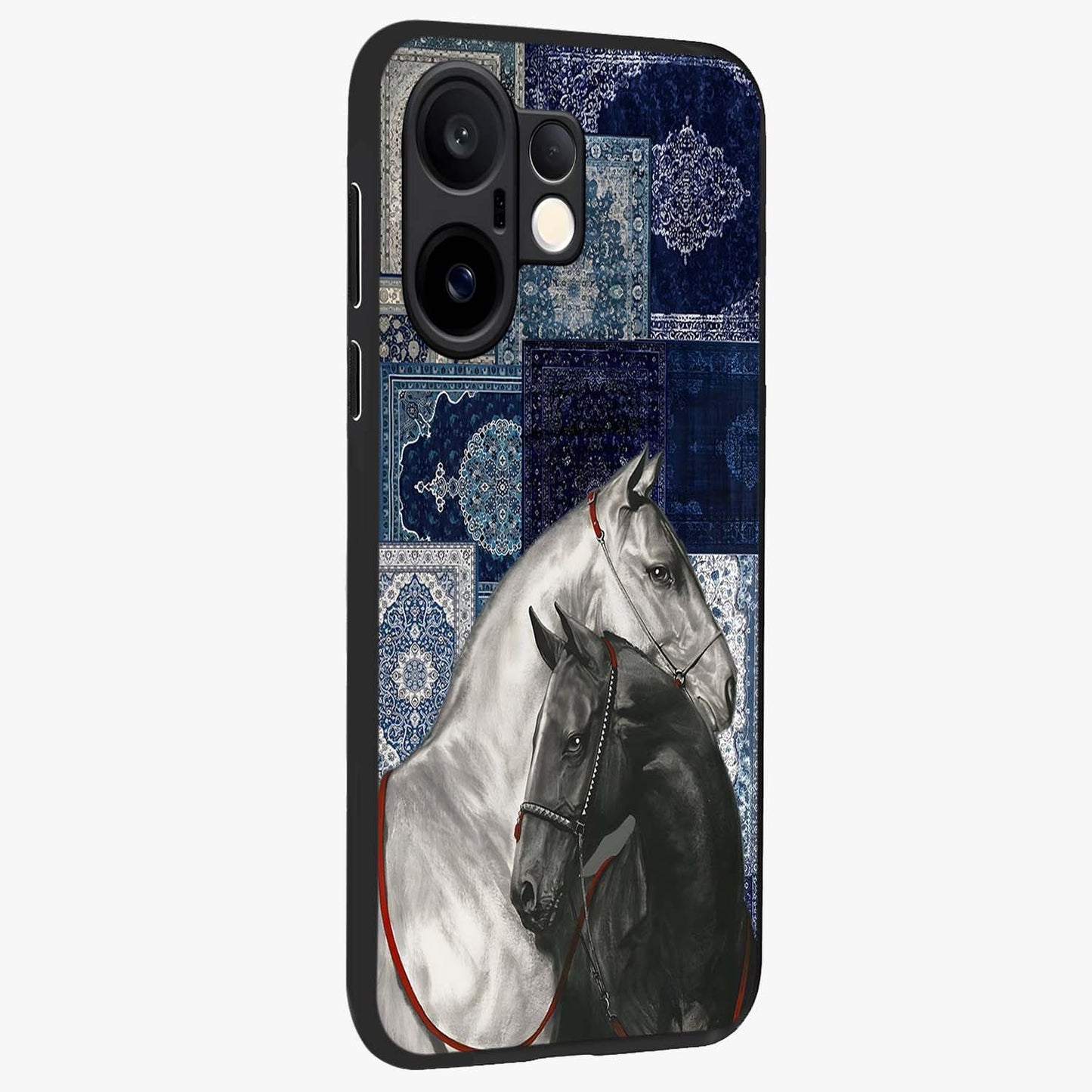 Midnight Stallion Blues Glass Case upright view showcasing dramatic horse artwork with bold artistic theme.