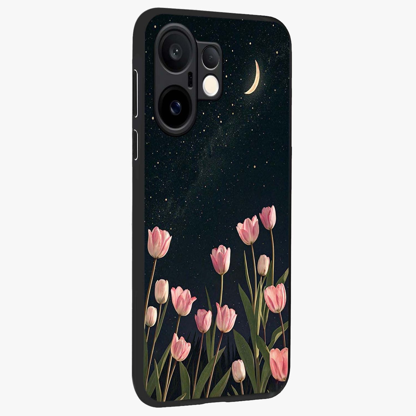 Midnight Tulip Whispers Vibe Glass Case upright view showcasing graceful tulip artwork with calm botanical theme.