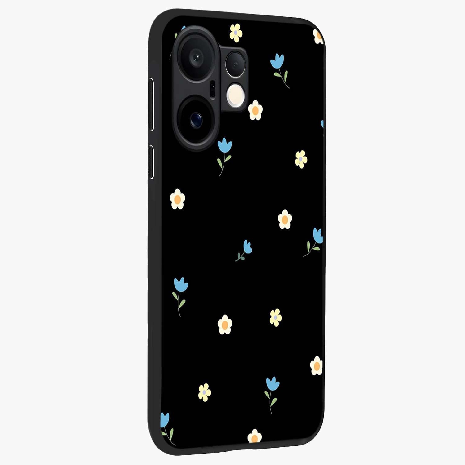 Minimal Petal Whispers Glass Case upright view showcasing elegant floral artwork with modern minimalist style.