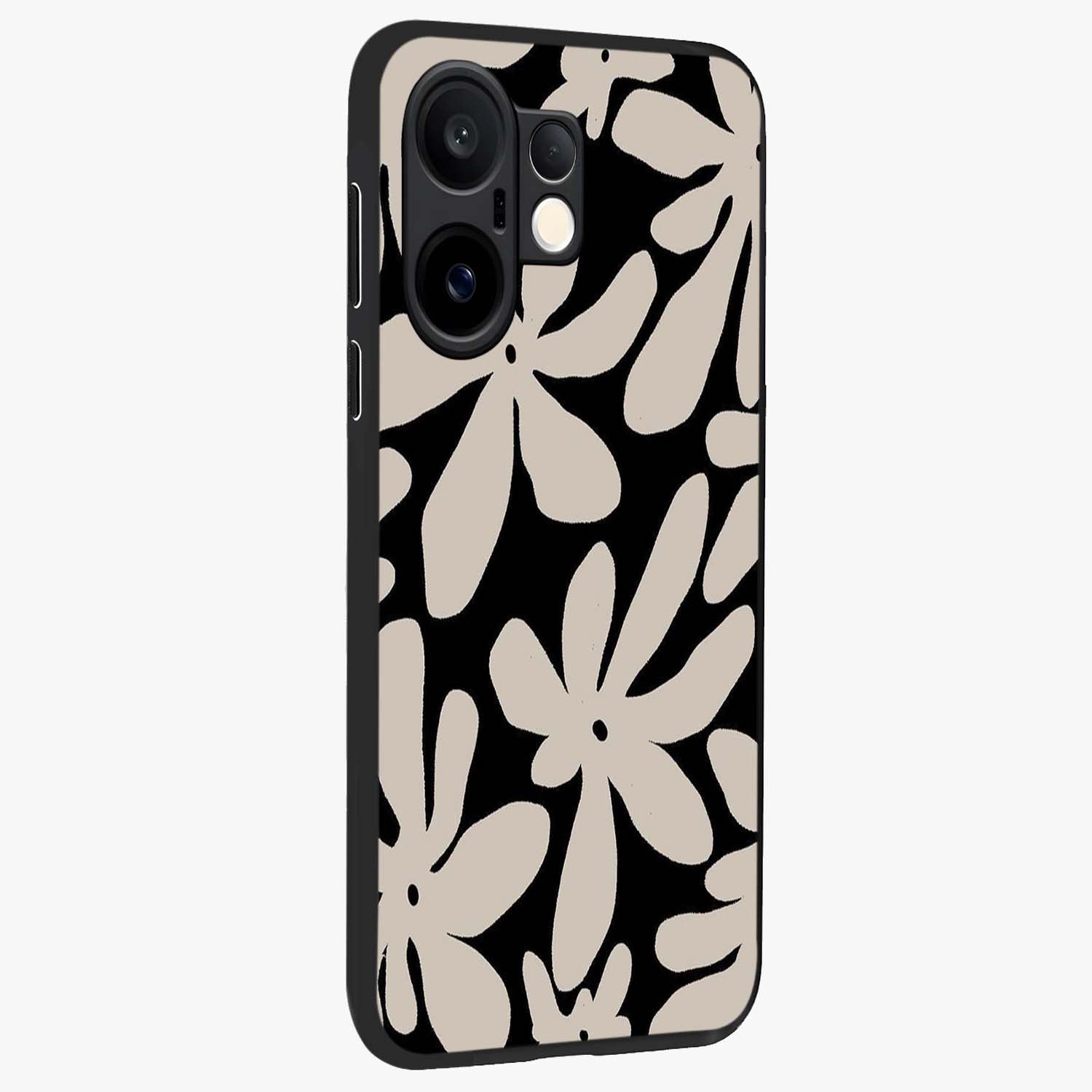 Monochrome Petal Dance Glass Case upright view showcasing artistic floral pattern with stylish monochrome theme.