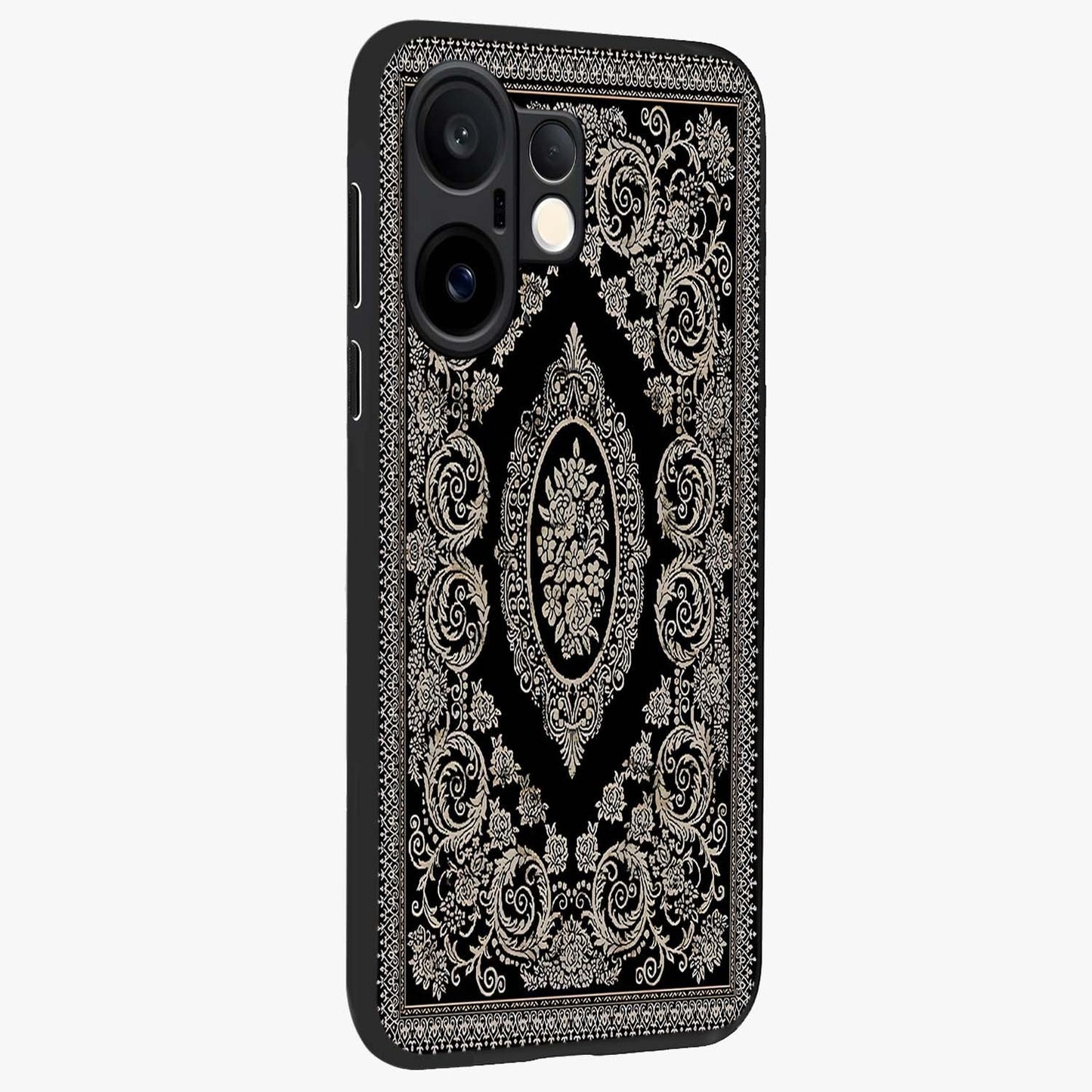 Noir Bloom Elegance Glass Case upright view showcasing graceful floral artwork with luxurious dark theme.