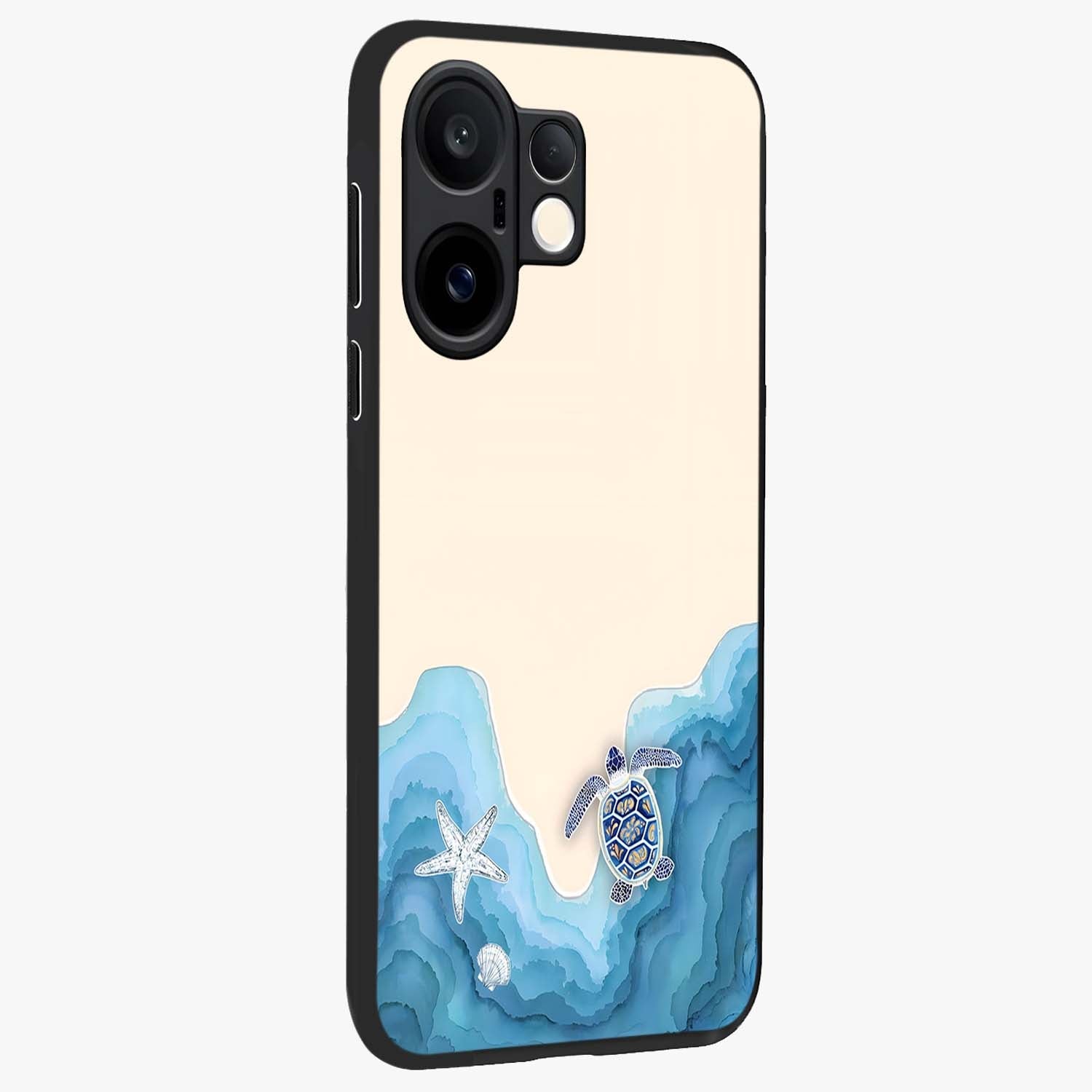 Ocean Drift Turtle Glass Case upright view showcasing calm underwater turtle artwork with nature inspired theme.