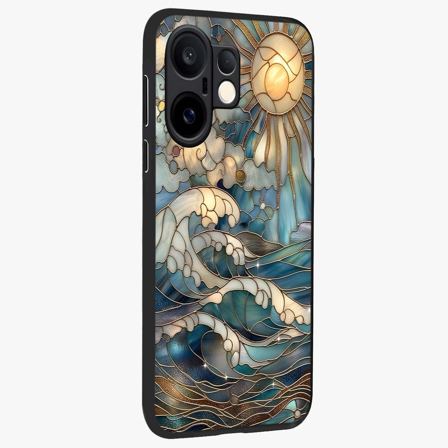 Oceanic Stained Printed Glass Case upright view showcasing decorative ocean pattern artwork with vibrant marine theme.