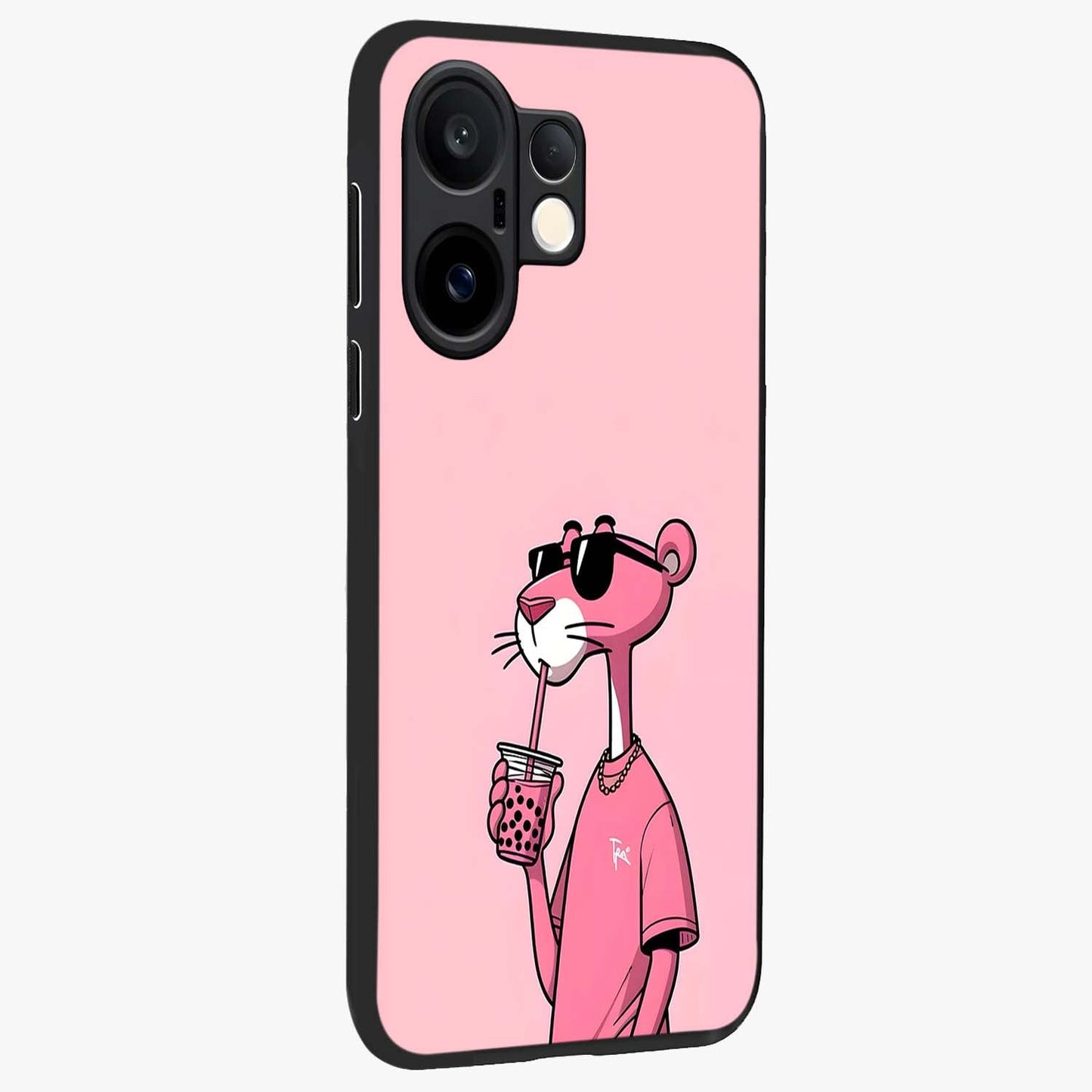 Pink Panther Glass Case upright view showcasing fun animated artwork with stylish retro cartoon theme.