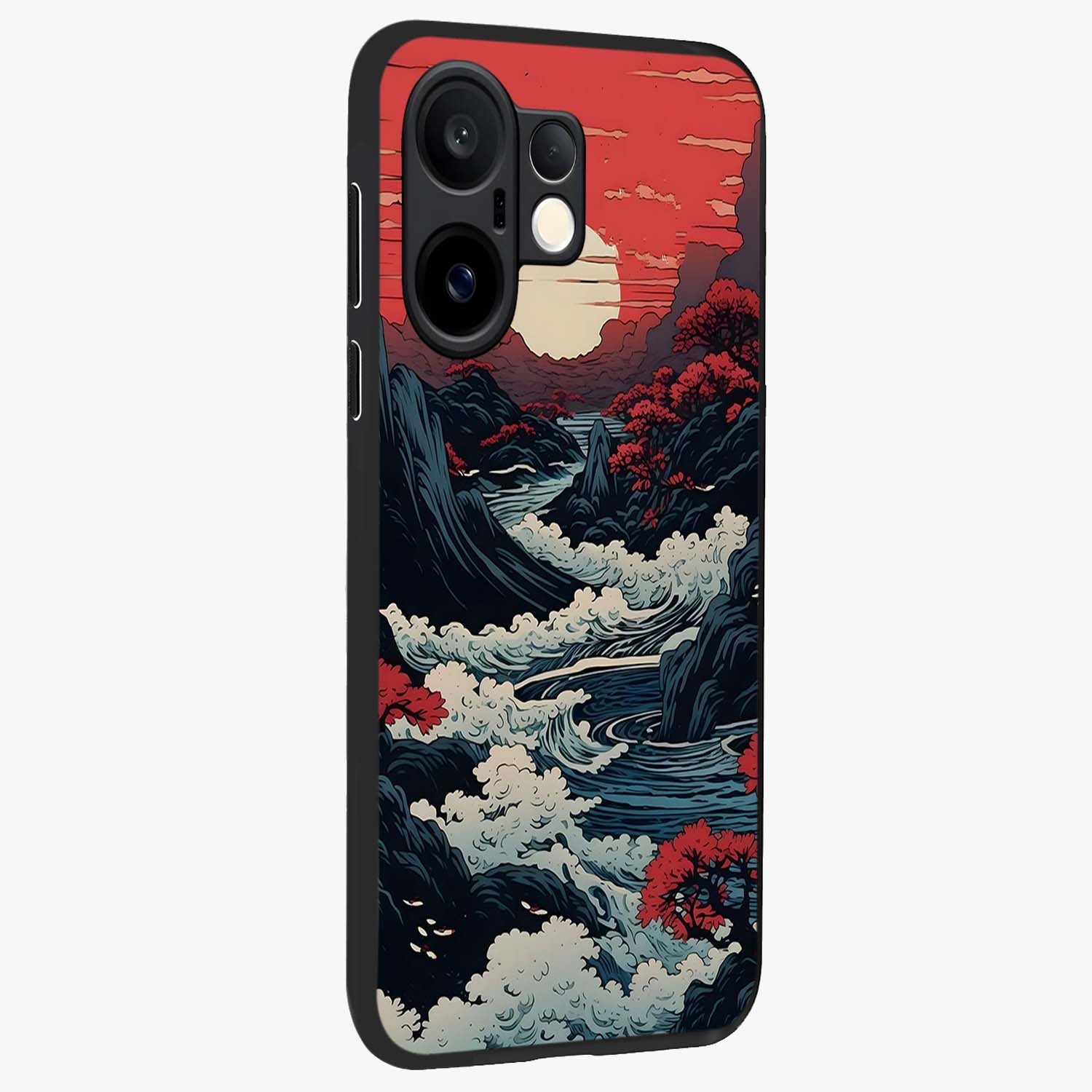 Red Sunset Scenery Glass Case upright view showcasing dramatic sunset scenery artwork with warm nature theme.