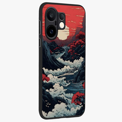 Red Sunset Scenery Glass Case upright view showcasing dramatic sunset scenery artwork with warm nature theme.