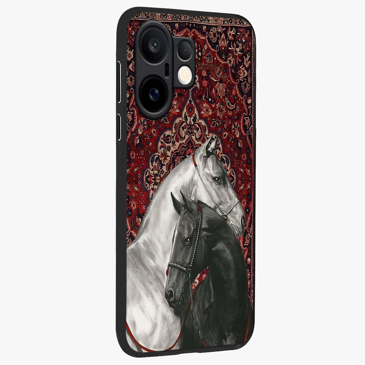 Regal Stallion Tapestry Glass Case upright view showcasing powerful horse artwork with elegant tapestry theme.