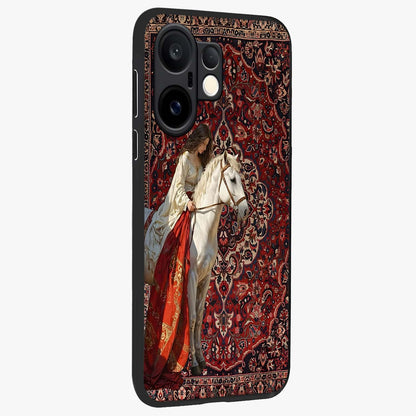 Royal Rider Tapestry Glass Case upright view showcasing detailed rider artwork with classic tapestry theme.