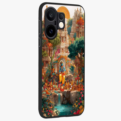 Sacred Sunlight Gods Glass Case upright view showcasing glowing divine artwork with sacred mythological theme.