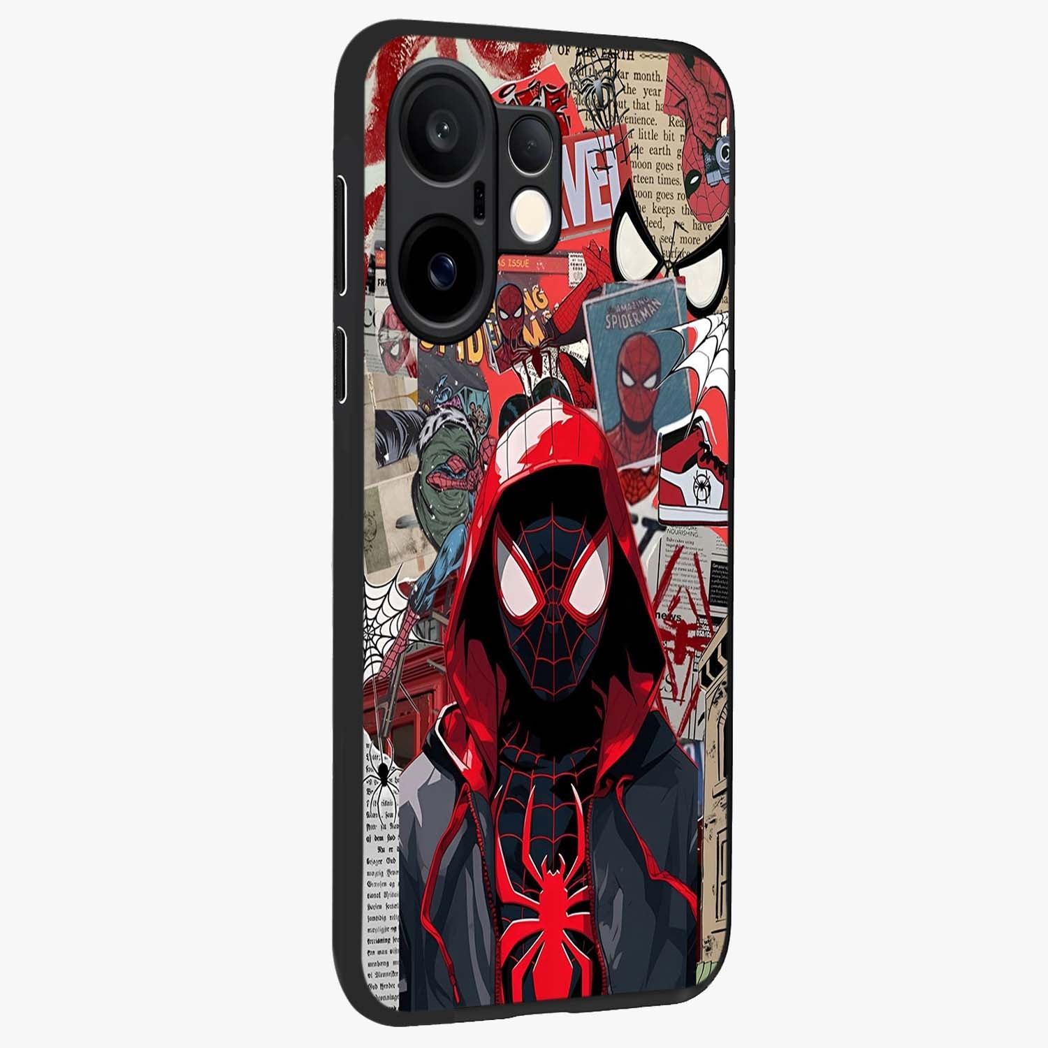 Spider Collage Street Glass Case upright view showcasing bold superhero artwork with urban street theme.