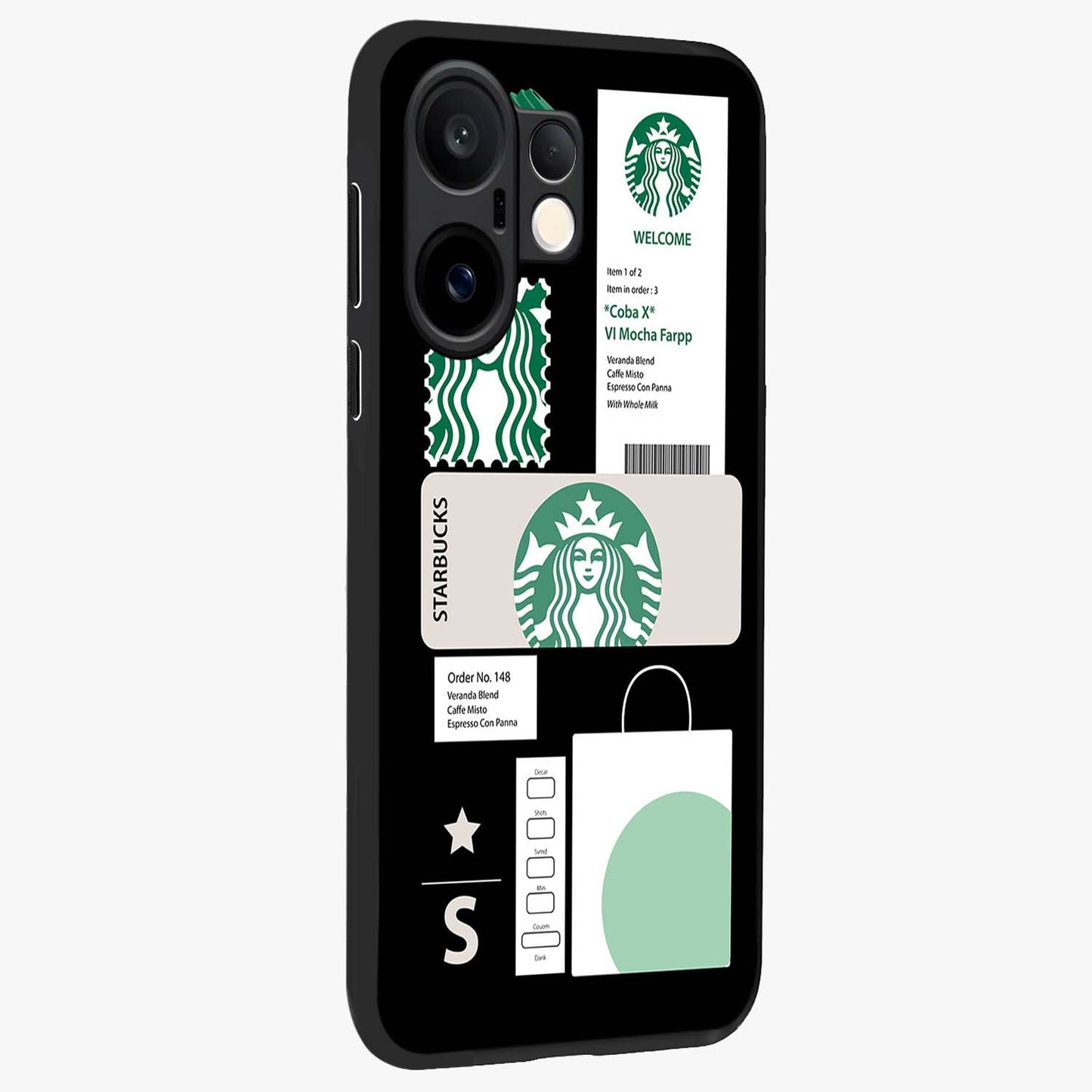 Starbucks Mocha Glass Case upright view showcasing trendy coffee inspired artwork with modern lifestyle theme.