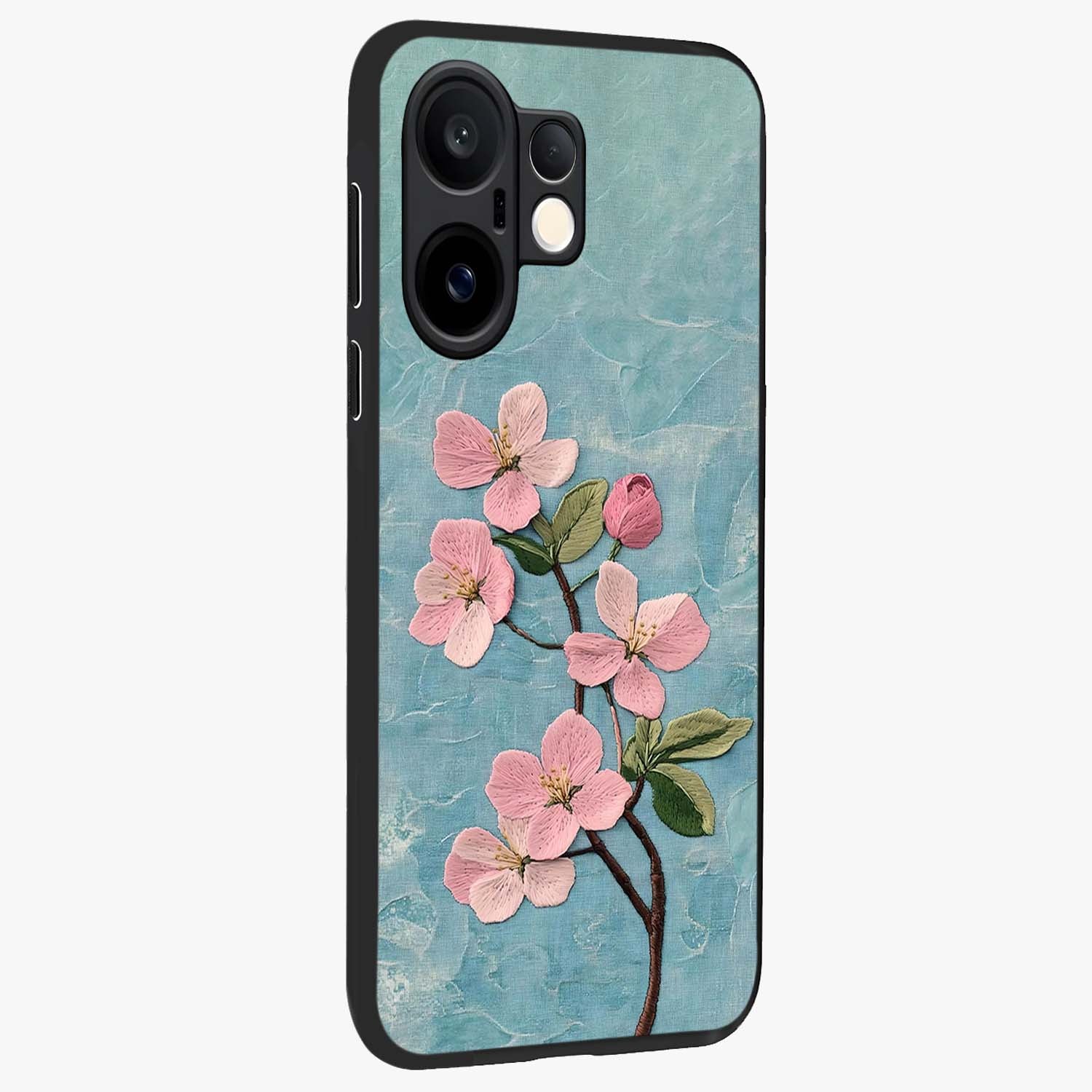 Threaded Blossom Breeze Glass Case upright view showcasing graceful flower artwork with calm botanical theme.