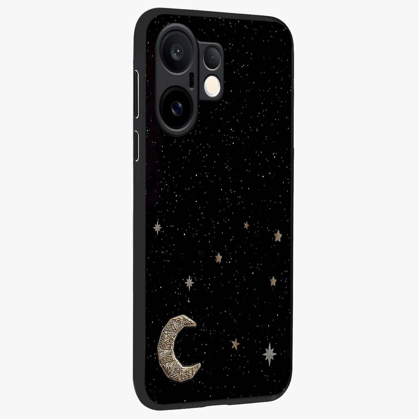 Twinkle Star With Half Moon Glass Case upright view showcasing glowing cosmic artwork with dreamy night theme.