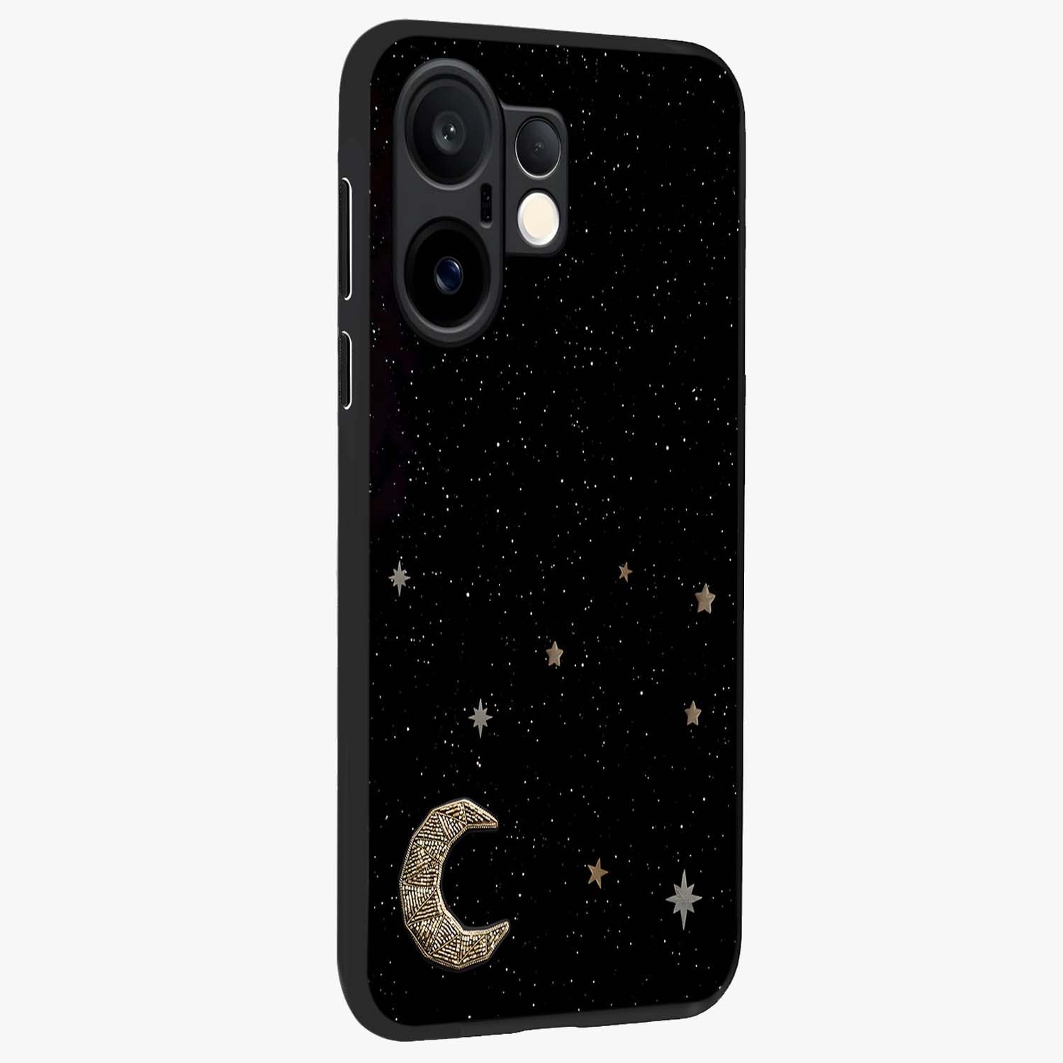Twinkle Star With Half Moon Glass Case upright view showcasing glowing cosmic artwork with dreamy night theme.