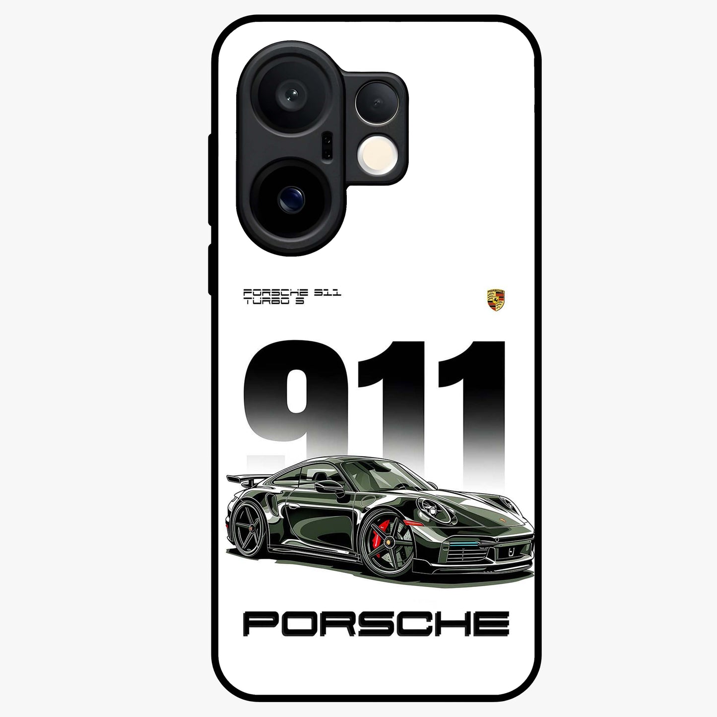 911 Turbo Dominance Glass Case showing clean flat back view with bold 911 sports car artwork and glossy glass finish.