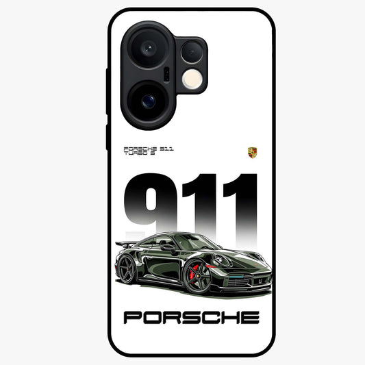 911 Turbo Dominance Glass Case showing clean flat back view with bold 911 sports car artwork and glossy glass finish.