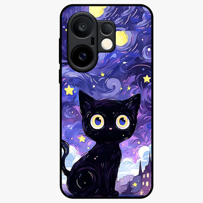 Abstract Cat Art Glass Case showing flat back view with artistic cat illustration and glossy glass finish.