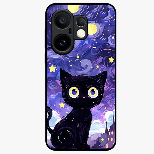 Abstract Cat Art Glass Case showing flat back view with artistic cat illustration and glossy glass finish.