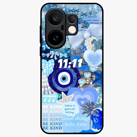Aesthetic Be Kind Eye Glass Case showing flat back view with motivational eye artwork and glossy glass finish.