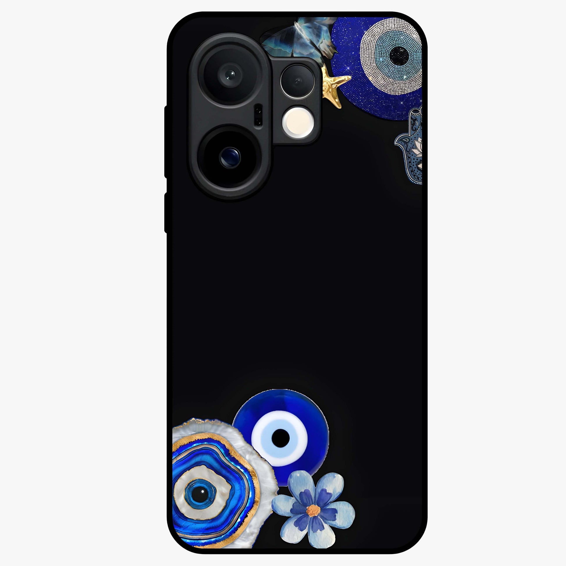 Aesthetic Blue Evil Eye Glass Case showing flat back view with protective evil eye artwork and glossy glass finish.