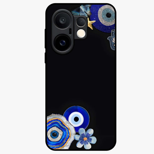 Aesthetic Blue Evil Eye Glass Case showing flat back view with protective evil eye artwork and glossy glass finish.