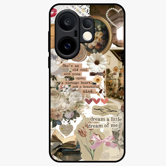 Aesthetic Brown Vintage Collage Glass Case showing flat back view with retro collage artwork and glossy glass finish.
