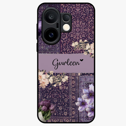 Antique Floral Whisper Custom Name Glass Case showing flat back view with vintage floral artwork and personalized name design.