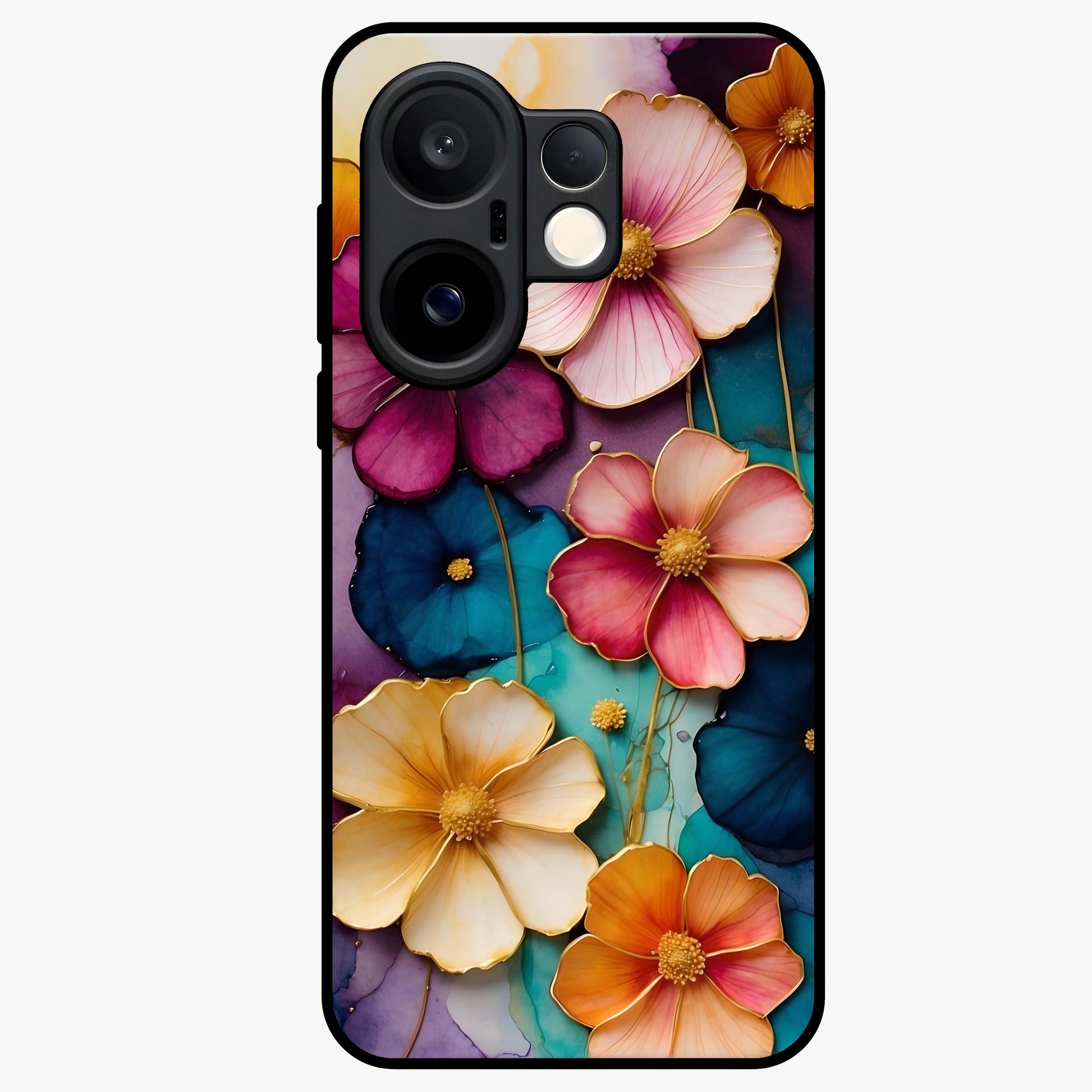 Artlyn Grace Flower Pattern Glass Case showing flat back view with elegant floral pattern artwork and glossy glass finish.
