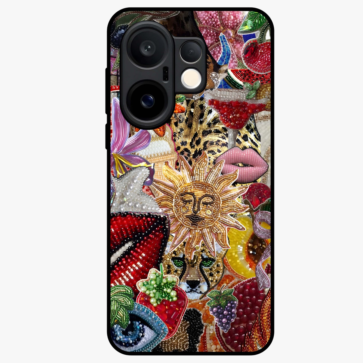 Beaded Fashion Jungle Glass Case showing flat back view with vibrant jungle inspired bead artwork and glossy glass finish.