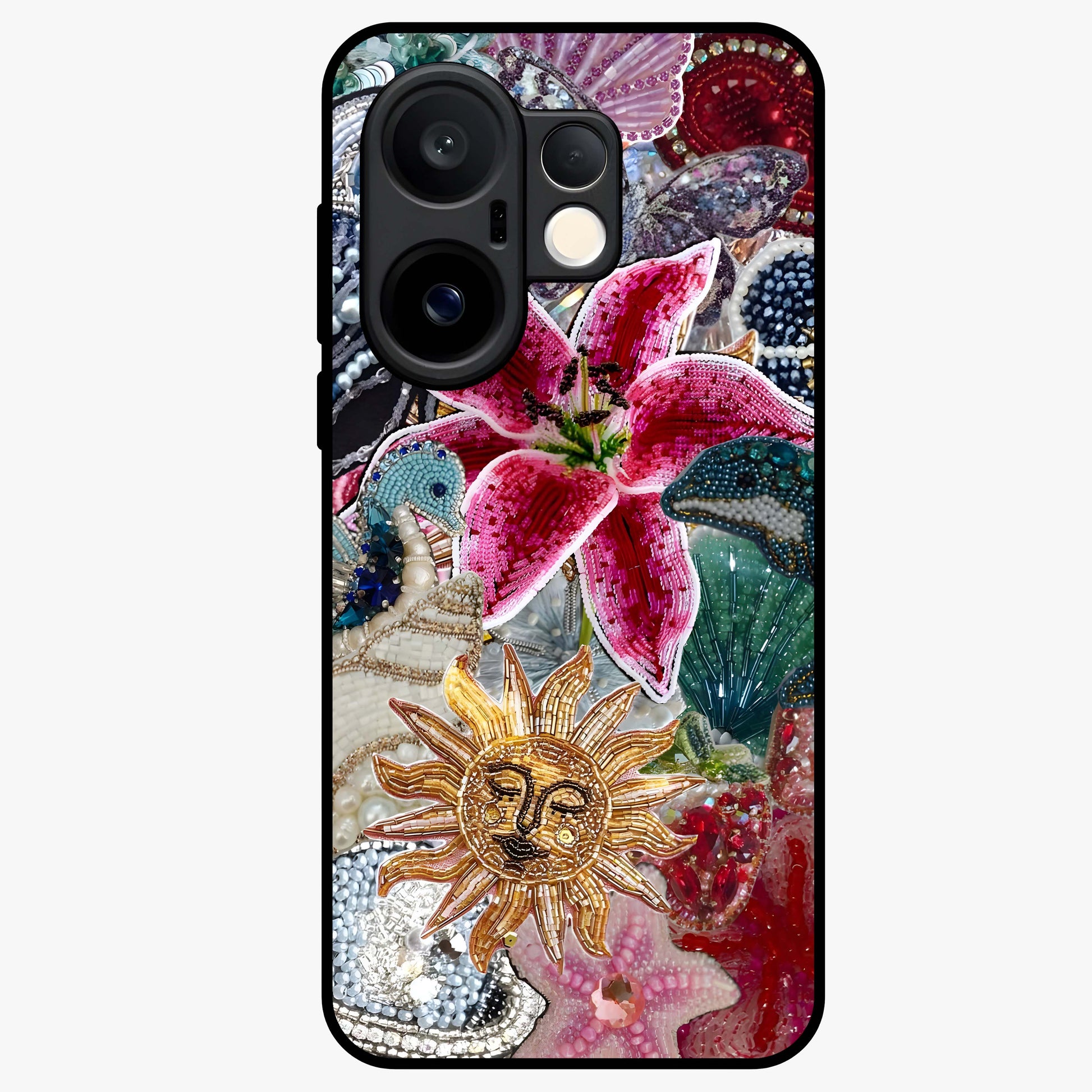 Beaded Garden Fantasy Glass Case showing flat back view with dreamy garden bead artwork and glossy glass finish.