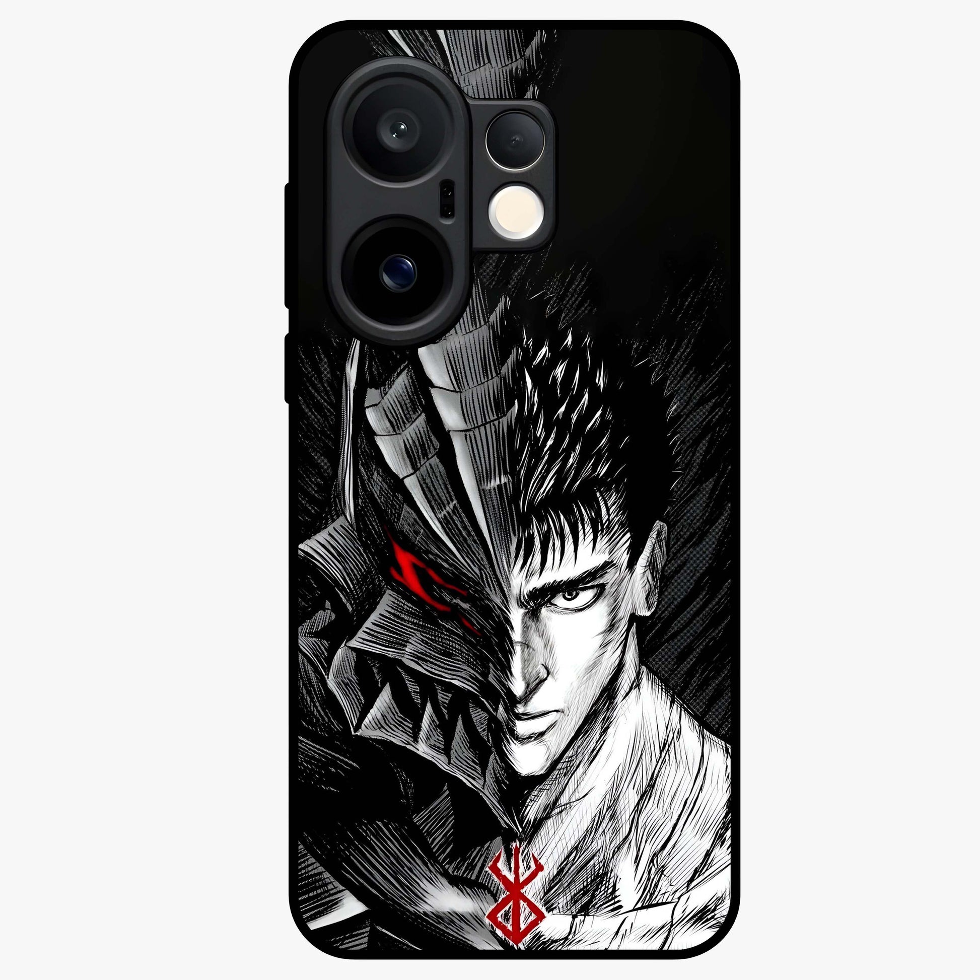 Berserker Blood Oath Glass Case showing flat back view with fierce warrior inspired artwork and glossy glass finish.