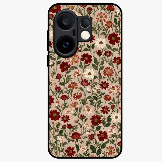 Biege Flower With Leaf Glass Case showing flat back view with soft beige floral artwork and glossy glass finish.