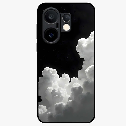 Black Background With White Cloud Glass Case showing flat back view with minimal cloud artwork on dark background and glossy glass finish.
